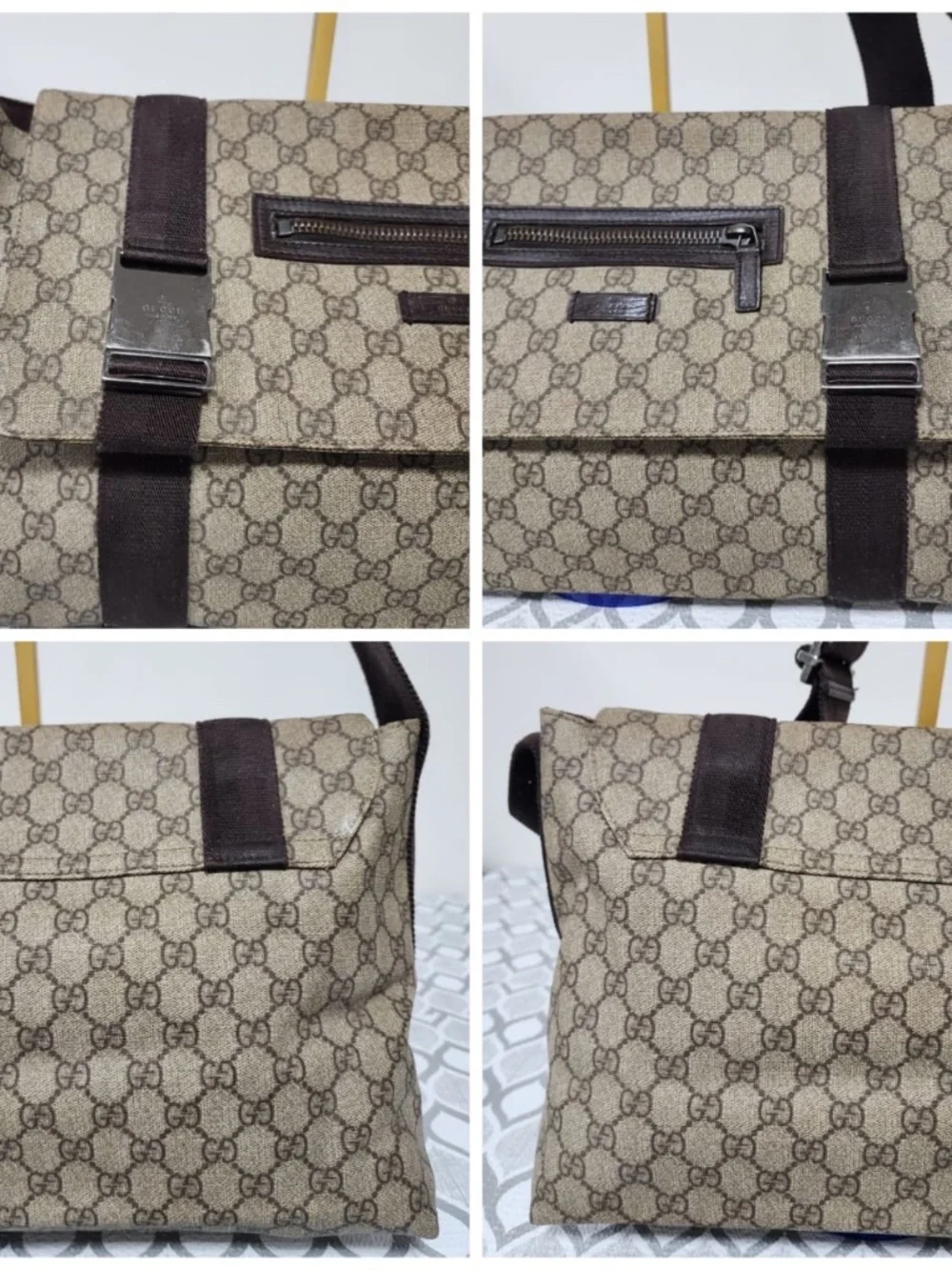 Authentic GUCCI GG Plus Monogram Double Buckle Flap Messenger Bag Beige/Brown